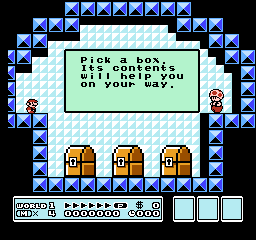 Toad hosting one of the bonus rooms, as seen in the NES Super Mario Bros. 3.