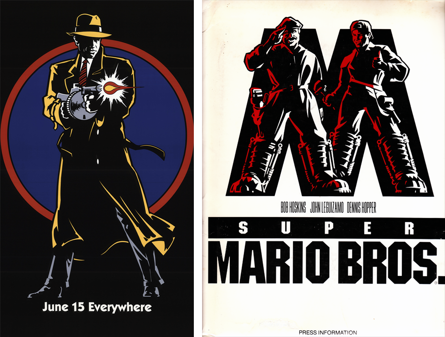 Promotional artwork for both Dick Tracy and Super Mario Bros. used striking, minimalist graphic design elements
